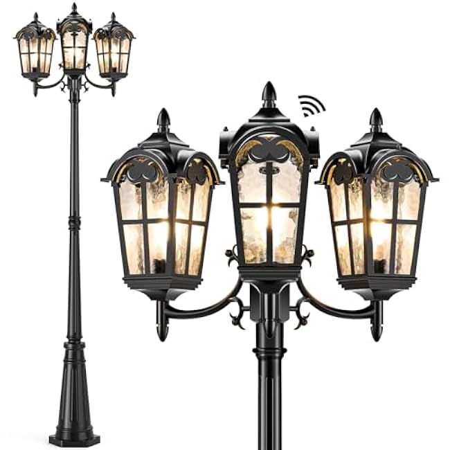 Dusk to Dawn Outdoor Post Lights, Black 3-Head Aluminum Street Lamp Posts Outdoor Lighting, Waterproof Hardwired Lamp Post Light Fixture with Water Glass Shades for Backyard (Bulb not Included)