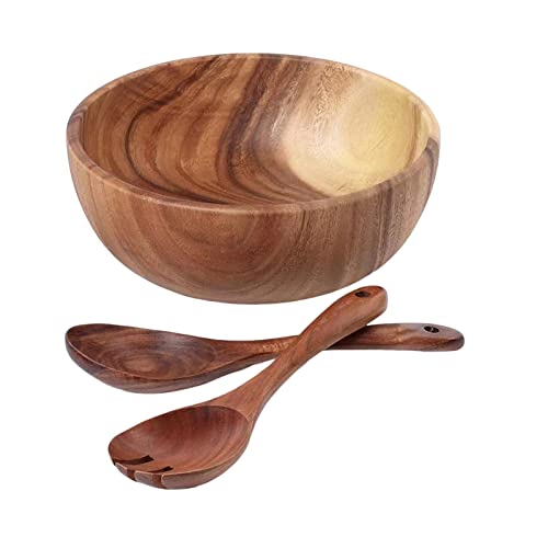 Juego de ensaladeras de madera grande y redondo, cuenco de ensalada de madera maciza con utensilios, tenedor y cuchara, perfecto para mezclar y servir ensaladas frescas, compañero ideal de cocina