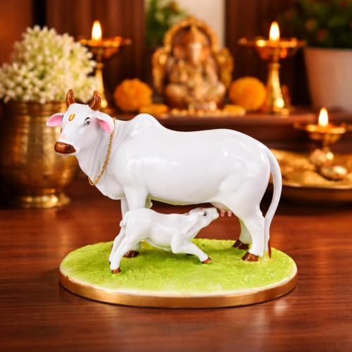 Image of Sai Amrut Handicraft Decorative Polystone Cow and Calf Big Statue /Idol for Gift Home Decor 7 inch (Marble Cow), White
