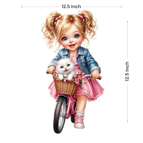 Image of Rangoli Cute Girl Wall Sticker 12.5 x 12.5 Inch Cartoon Bicycle & Cat Design Self Adhesive Wall Decor for Kids Room Nursery Bedroom Baby Room Wall Art