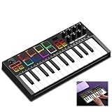 Teclado MIDI, Controlador MIDI, Teclado Controlador 25 Teclas Midi, Controlador Midi 25 Teclas com 8 Pads RGB, Produção Musical, Visor OLED Visualizável, 12 Semitons de Transposição