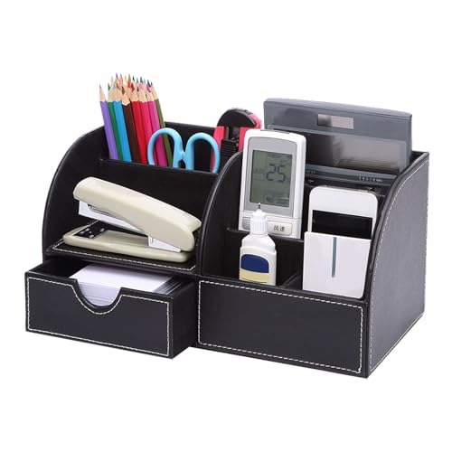 YFFSFDC PUレザー デスク収納ボックス 卓上オーガナイザー 引き出し付き ペン立て リモコン・小物収納 雑物収納 引き出しつき 黒