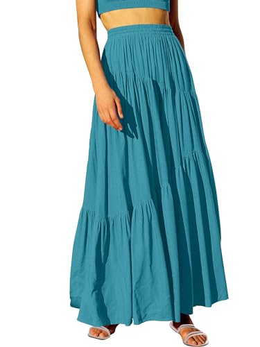 Image of ANRABESS Women's Boho Elastic High Waist Pleated A-Line Flowy Swing Asymmetric Tiered Maxi Long Skirt Dress with Pockets
