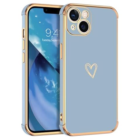 DOMAVER for iPhone 13 Case Luxury Cute Gold Heart for Women Girls, Full Camera Protector Shockproof Protective Corner Cover for iPhone 13 -Blue Gray Cover