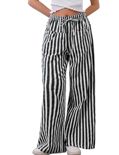 Kissonic Women Striped Pants Casual Drawstring Wide Leg Trousers Loose Lounge Pajama Pants with Pockets(Blackwhite-M)