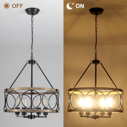 SLBWQ 4-Light Farmhouse Chandelier, Rustic Faux Wood Chandeliers Dining Room Light Fixture, Round Pendant Light, Hanging Kitchen Island Light for Living Room, Entryway, Foyer-Black & Wood Grain by SLBWQ - Used condition - Image 9