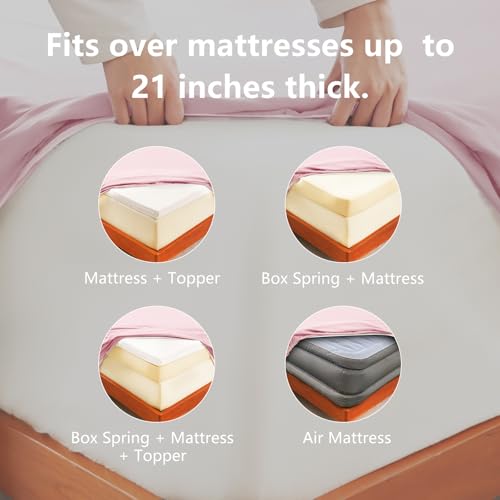 Image of CozyLux 7-Piece Split King Sheets, Fits 18-21 Inch Mattresses, Oeko-TEX | 4 Pillowcases, 1 Flat Sheet and 2 Fitted Sheets with All-Around Elastic, 21-Inch Deep Pockets for a Secure Fit, Pink