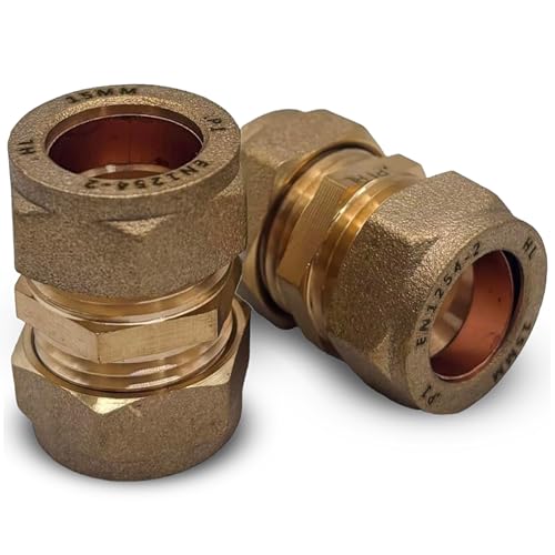 PlumbEZ WRAS 15mm Straight Coupling Brass Compression Fittings Pack of 2, BS EN 1254-2 Compliant Plumbing Fittings for Copper Pipe, Ideal for 15mm Copper Pipe Connections