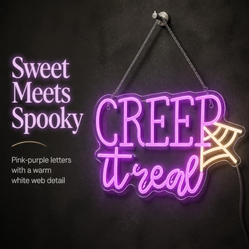 Image of Creep It Real Neon Sign,Halloween Decor | Spider Web - Spooky Party Decor 15.7x10.2in