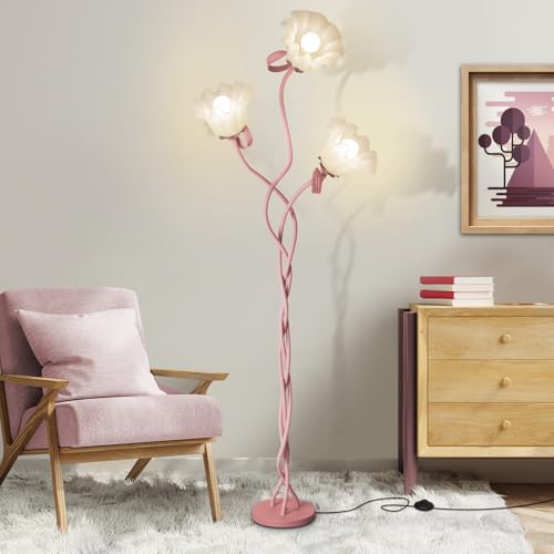 Flower Standing Lamp for Bedroom Cute Corner Floor Lamp with Flexible Gooseneck 3 Light Floor Reading Lamp with 3 Color Temperatures Bulbs Included Tall Floor Lamp for Living Room Corner(Pink)