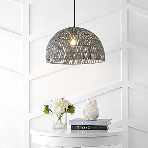 Image of JONATHAN Y 20 inch Gray Modern Bohemian Woven Rope LED Pendant Light Fixture, Adjustable Dome Ceiling Lamp for Kitchen Island, Rope Shade, Coastal Farmhouse Decor (JYL6504D)