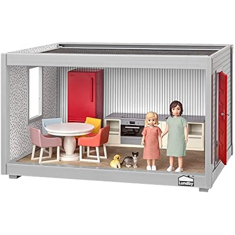 LUNDBY Dollhouse Complete Starter Pack Set — Doll house 33cm Room — Dolls House Furniture Basic Kitchen + Dining Room Sets — 2 Doll House People and Doll House Pets — for 11cm Mini Dolls — Age 4+ Cover