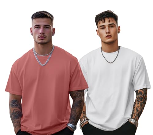 Image of Veirdo Solid Oversized 100% Pure Cotton Combo T-Shirt for Men & Boys (Half Sleeves, Round Neck, Drop Shoulder, Baggy Fit, Pack of 2, Available in S to 2XL