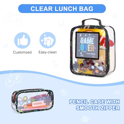 Clear Backpack for Boys, Clear Gamer School Backpack Heavy Duty with Lunch Bag and Pencil Case, Transparent See Through Bookbag Stadium Approved for Teen Boy Kids Elementary Middle High School 6