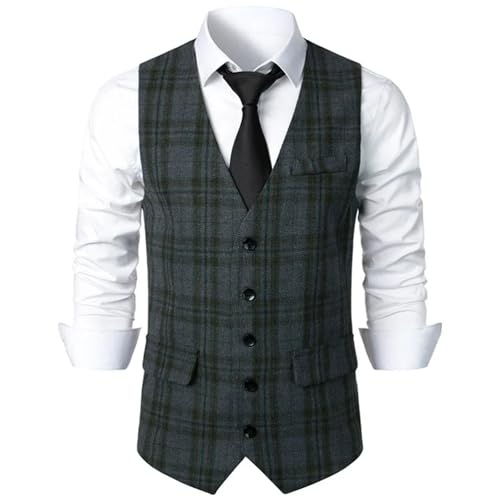 Men's Suit Vest V-Neck Plaid Slim Fit Formal Business Wedding Work Vest