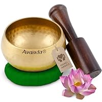 Tibetisches Klangschale-Set für Yoga, Meditation und Entspannung - Gehämmerte tibetische Klangschale Ø 8 cm, Mangoholz-Schlägel und gelbes Ring-Kissen Grün