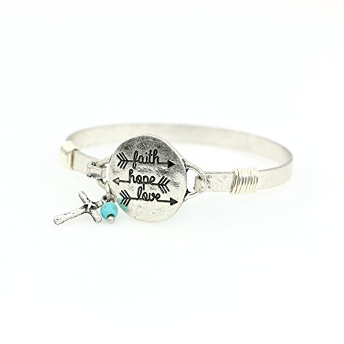 Image of inchFaith Hope Love inch Handmade Beautiful Christian Bangle Bracelet with Wire Design and Cross Charm and Bead