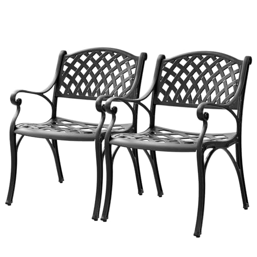 PATIO-IN Aluminum Patio Chairs Set of 2, Metal Outdoor Chairs, Patio Dining Chairs with Armrest, All Weather Bistro Chair w/Adjustable Pads for Garden, Black