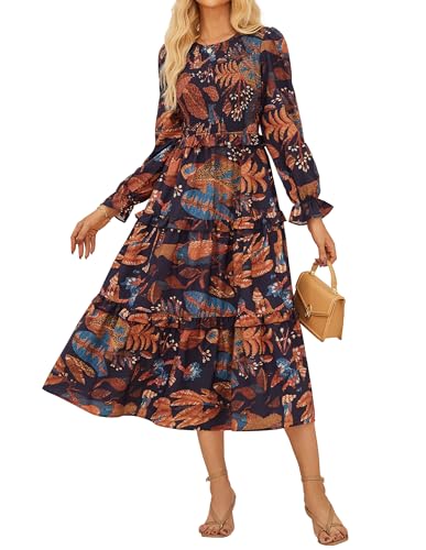 Damen Elegantkleid mit Flatterärmeln Blumenmuster Lange Blumen A-Linie Drucken Kleid CL146-01 L