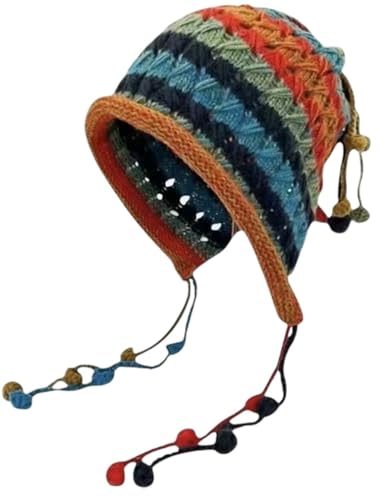 ノーブランド品 レディース カラフル ニット帽 秋冬 暖かい かぎ針編み イヤーフラップハット 厚手 防寒 ビーニー帽子 タッセルストラップ キャップ ハンドメイド スキー スノーボード 通勤 通学 お出かけ