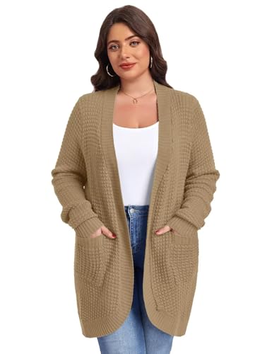 Image of LARACE Long Cardigans for Women Plus Size Tops Open Front Sweaters with Pockets Waffle Ribbed Sleeve Loose Fall Outwear