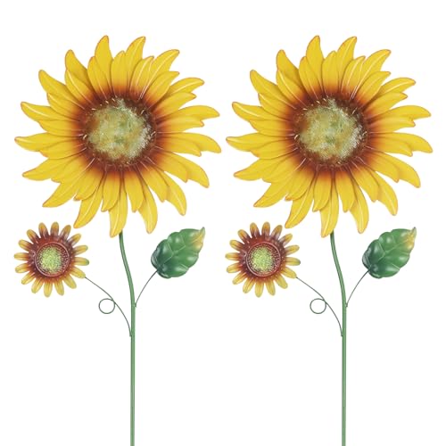 hogardeck Metal Sunflowers Decorative Garden Stakes, 2 Pack 33' Outdoor Garden Decor with Shaking Head Sunflowers Ornament Yard Stakes, Spring Yard Art Fairy Decorations for Patio Lawn
