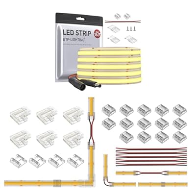 BTF-LIGHTING FCOB COB 336LED/m 8W/m 16.4FT DC24V Warm White 2700K CRI 90+ 8mm Width LED Strip,2pin 8mm 0.31in L-Shaped Connector Kit with L-Shaped Type (No Adapter or Controller)