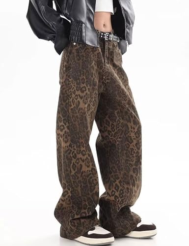Womens Y2k Jeans Leopard Print Jeans Baggy Jeans Harajuku Streetwear Pants Straight Leg Grunge Pants4