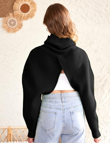 Image of Yimoon Women Turtleneck Bolero Sweater Open Front Rib Knit Shrug Crop Cardigan Long Sleeve Backless Pullover Y2K Crop Top (Black-L)