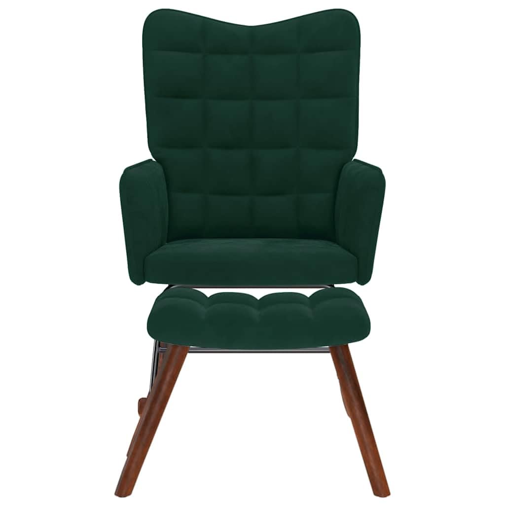 Fotel bujany z taboretem, ciemnozielony aksamit, fotel relaksacyjny z podłokietnikami, ergonomiczne oparcie, podnóżek, drewniane nóżki do salonu, sypialni, na balkon, do wnętrz