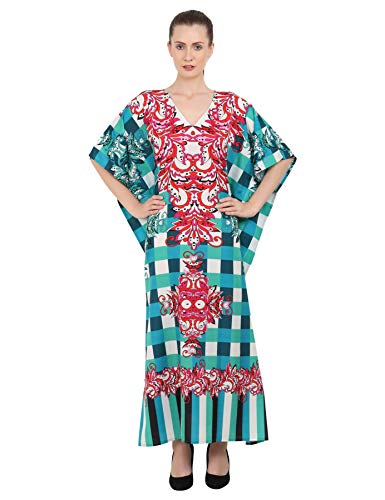 Image of Miss Lavish London Teal Check Print Kaftan Dress for Women V Neck Batwing Sleeve Maxi Beach Cover Up, Plus Size Caftan with Side Slits&Pockets, Resort Wear Swimsuit Coverup, Summer Cruise-Teal-2XL
