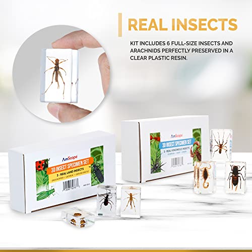 Amscope 20X-50X Portable Angled Head Stereo Microscope W/Deluxe 6Pc 3D Insect Specimen Kits, Nat Geo Insect Book And Optional Digital Camera #TOP2