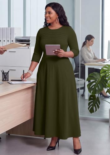 Image of FANDEE Fit-and-Flare Maxi Dress Round Neck Pleated Front Side Pockets | Front pleats soft flatter your bust shape; Empire Waist lengthen your figure; 3 /4 sleeves round neck suit for many occasions