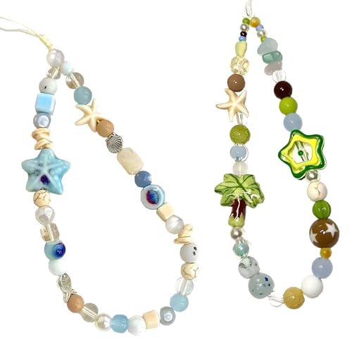 Tizee 2Pcs Handmade Beaded Phone Charm – Cell Phone Wrist Strap,Ocean Theme, Shell & Starfish Decorations,Camera & Bag Charms,Gift for Women