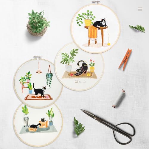 Image of Bonroy 4 Sets Embroidery Set for Beginners, Art Craft, Easy Sewing, Includes Embroidery Clothing, Pattern, Embroidery Hoop, Instruction Manual, Colorful Thread Stitch Set (Cat)