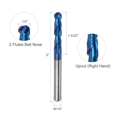 Image of uxcell Ball Nose End Mill CNC Router Bit, 1 /8 inch Radius 1 /4 inch Shank Solid Carbide Nano Coated Upcut Spiral 2 Flutes Cutter Milling Tool, 1 /4 inch Dia 3 inch Total Length