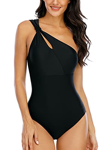 Halcurt One Shoulder One Piece Swimsuits For Women Modest Bathing Suits Full Coverage Keyhole Swimwear Black #TOP18