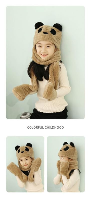 FabNext - 3 in 1 Kids Hat Gloves Scarf Set, Thick Winter Warmer Pocket Mitten Headscarf Ear Cuff Costume Cap Toddler Long Fleece Snowboarding Hoodie | 3-10 Yr Kid | Brown Color 2