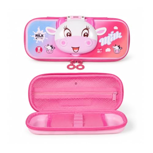 Image of WISHKEY Cute Cow Pencil Box for Kids Hard Shell EVA Pencil Case with Magnetic Closure Mesh Pocket Pen Holders & Dual Zipper Large Capacity Pencil Pouch for Boys Girls School Stationery Box Multicolor