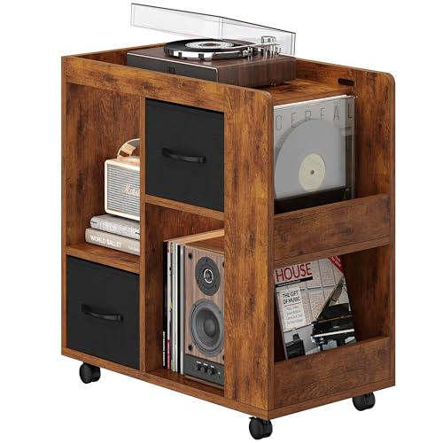Yaheetech Book Shelf with Storage, Wooden Rolling Bookcase with Wheels, 2 Foldable Fabric Drawers...
