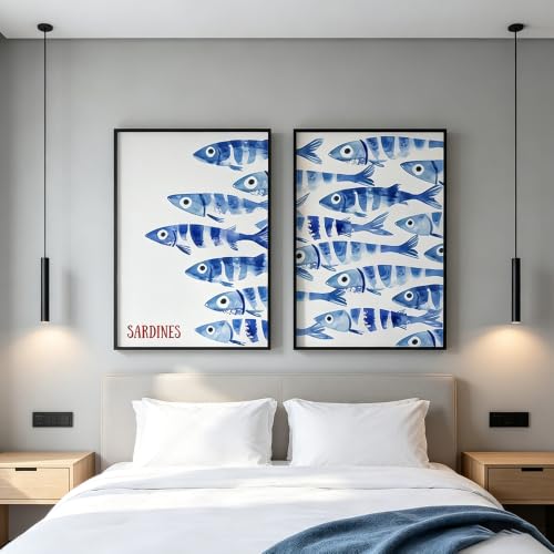 BeiYiHo 2 afbeeldingen vissen canvas poster wit blauw aquarel foto's muur Japanse wandafbeeldingen minimalistische poster keuken eetkamer decoratie esthetisch 30 x 40 wandposter zonder fotolijst