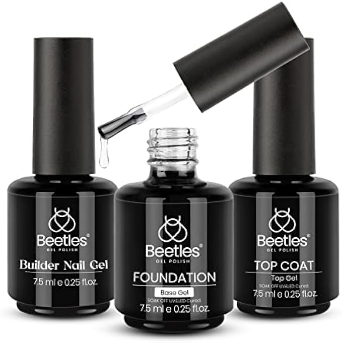 Beetles 3 Pcs 7.5ml Builder Nail Gel No Wipe Base Top Coat Set, Shine Finish and Long Lasting, Soak Off LED Transparent Builder Strengthener Hard Gel Base Top Coat Glossy Shine Finish