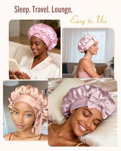 Image of BONNET QUEEN Silk Bonnet for Sleeping Women Satin Bonnet Night Sleep Cap Wrap for Curly Hair with Adjustable Tie Band, Single Layer, Grey Rose Gold