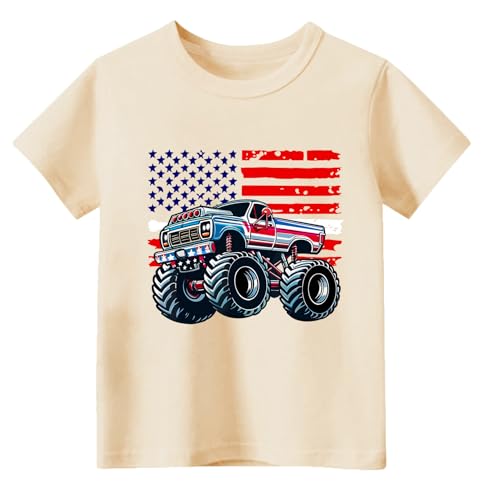 Image of 4th of July Shirts for Kids American Flag Truck T-Shirts Toddler Boys Patriotic Independence Day Memorial Day Tops Beige Tees 2T