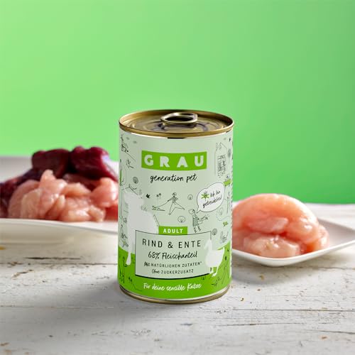 GRAU – das Original – Nassfutter für Katzen - Rind & Ente, 6er Pack (6 x 200 g), für Sensible Erwachsene Katzen