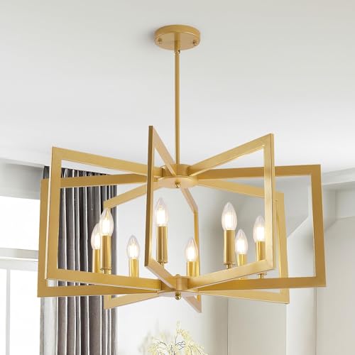 HvKvHvY Vintage Chandeliers Ceiling Light,E14 Geometric Farmhouse Pendant Light 8 Light Industrial Metal Ceiling Lights Living Room for Kitchen Island Hallway Dining Room Entryway (Gold)