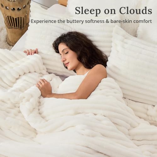 Image of Sasttie Twin /Twin-XL Comforter Set 2 Pieces - Super Soft Fleece Comforters Twin /Twin-XL Size, 1 Luxury Warm Fuzzy Marshmallow Comforter with 1 Pillow Case, Faux Fur Bedding Set, Cream White