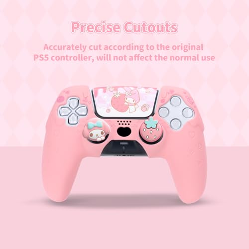 Image of Kuitmor Silicone PS5 Controller Cover Skin Set, Anti-Slip Soft Protective Case for PS5 Wireless Controller with 2 Thumb Grip Caps and 1 Sticker (Pink Melody)