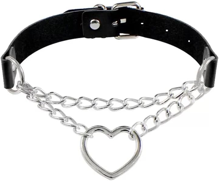 Gothic Punk Leather Choker Necklace Set, Black Faux Leather with Silver Alloy Chain, 4 Piece Collection with Spikes and Heart Pendant - Image 6