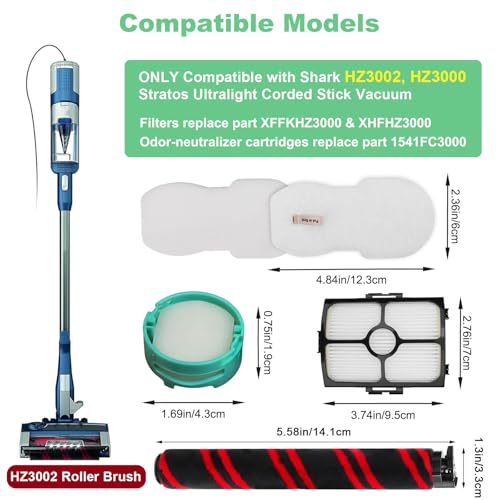 Image of Alrens HZ3002 Replacement Filters and Roller Brush Kit for Shark HZ3000 HZ3002 Stratos Ultralight Corded Stick Vacuum, Includes Roller Brush, Filters, Foam & Felt Filters & Odor Neutralizer